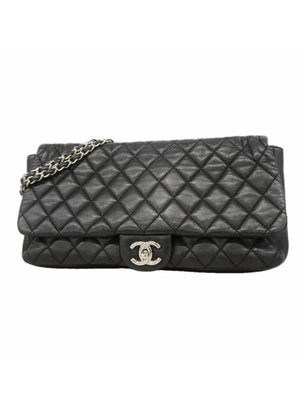 Chanel Shoulder Bag Quilted Lambskin Black Silver